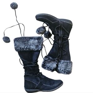 American Eagle Faux Fur Suede Pom Pom Lace Up Boots Women 10